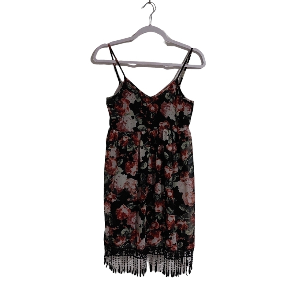Entro Spaghetti Strap Floral Print Fringed Hem Dress- size S